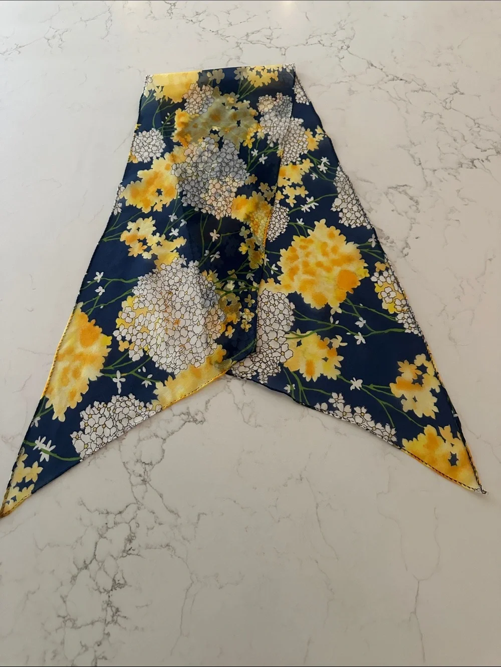 Navy Floral Chiffon Scarf with Yellow & White Blooms